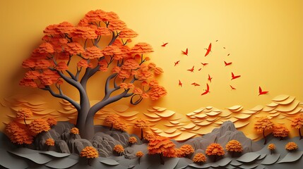 Orange Fantasy landscape with a tall tree, flowers and flying birds
