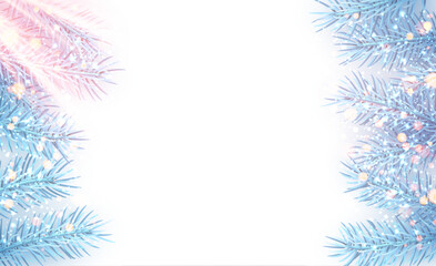 Horizontal morning banner with bright blue realistic fir branches. Sunlight with shiny particles and copy space.