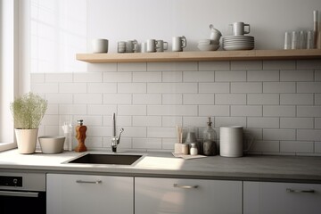 Fototapeta na wymiar Minimal kitchen with cabinet, white tiles for cooking. Generative AI