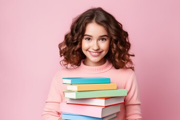 girl in pink clothes with books on a pink background. Concept of reading books. generative ai.