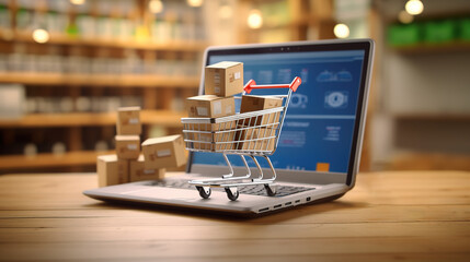 Online shopping concept with cart full of boxes on top of laptop computer - obrazy, fototapety, plakaty