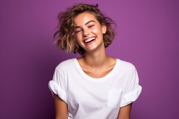 happy girl in a white T-shirt on a purple background. The concept of joy. generative ai.