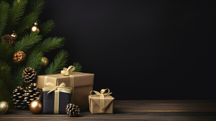 black empty wooden board background with christmas concept