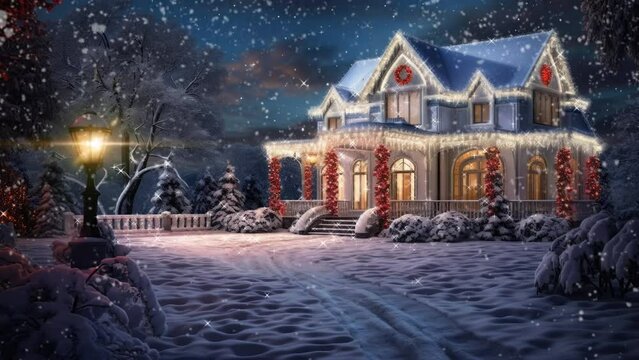 view of the house during snowfall with night light decoration with anime or cartoon style. seamless looping time-lapse virtual video animation background.