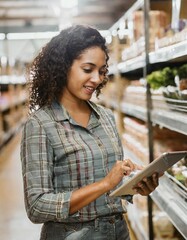 Trabalhadora profissional do sexo feminino usa tablet para pesquisar com lista de verificação em super mercado e distribuição, o valor dos preço dos produtos da sexta basica de alimentos.