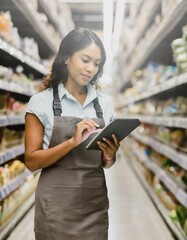 Trabalhadora profissional do sexo feminino usa tablet para pesquisar com lista de verificação em super mercado e distribuição, o valor dos preço dos produtos da sexta basica de alimentos.