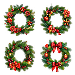 Fototapeta na wymiar Christmas wreath with leaf, flower, ribbon, and lights isolated on transparent background PNG AI Generative