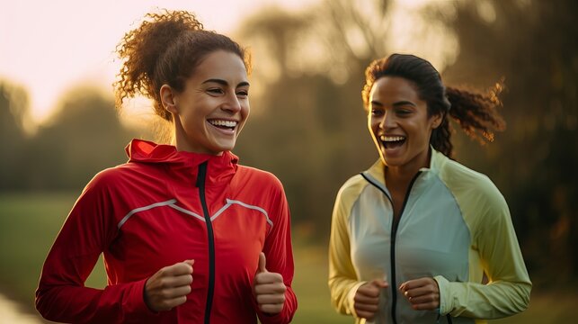 During Her Jog, A South Asian Woman Is Laughing With Her Friend.