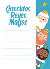 Funny vectorized letter. Dear wise men, written in Spanish.Kings of orient vectors