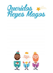 Funny vectorized letter. Dear wise men, written in Spanish.Kings of orient vectors