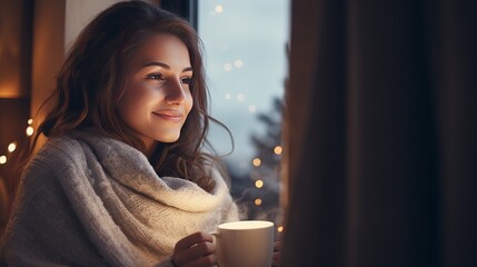 During winter weekends in an old log house, a girl in a warm woolen sweater is sitting on a window sill, drinking tea and reading a book. The concept of cozy homey is complemented by the