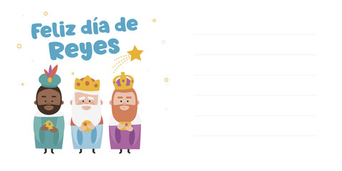 Fototapeta premium Happy epiphany written in spanish. Three funny wise men. Kings of orient on blue background. Christmas vectors.