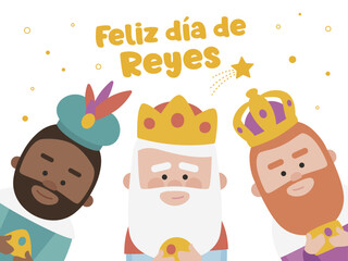 Happy epiphany written in spanish. Three funny wise men. Kings of orient on blue background. Christmas vectors.
