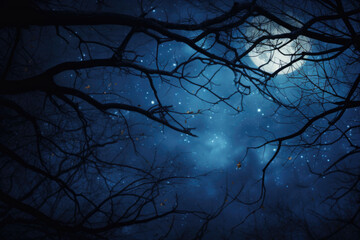 Night dark sky with full moon and branches. Tree branches in the moonlight on a dark background. Generative AI