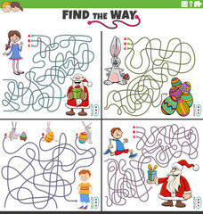 maze games set with cartoon Christmas and Easter characters