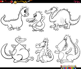 cartoon dragons fantasy animal characters set coloring page