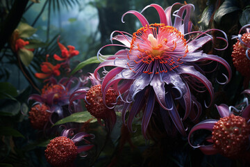 Naklejka na ściany i meble Intricate details of a rare and exotic flower in a lush rainforest, where nature's beauty is at its most magnificent. Ai generated