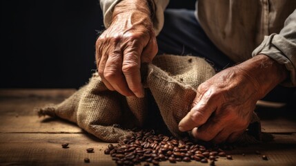 a horizontal format of a pair of Aged hands opening a bag of coffee in Cultural-themed, photorealistic illustrations in JPG.  Generative ai