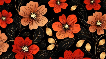 a horizontal format of flowers, reds, oranges, and pale yellow with dark background whimsical realism, organic graphics, in a pattern-themed, photorealistic illustrations in JPG.  Generative ai