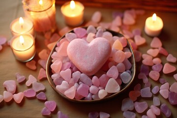 Heart-shaped arrangement of pink quartz stones, gentle lighting, pastel colors. Generative AI