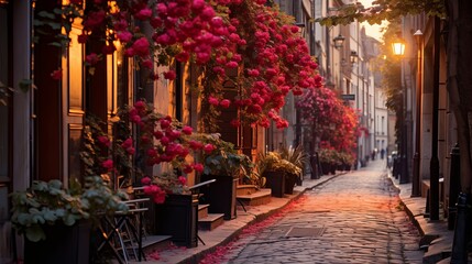 Fototapeta na wymiar In autumn, Europe's inner streets are decorated with flowers on pillars. The atmosphere is cinematic, with bright red plants and cinematic contrast colors. The air is clear and there is a