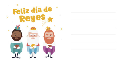 Happy epiphany written in spanish. Three funny wise men. Kings of orient on blue background. Christmas vectors.
