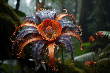 Intricate details of a rare and exotic flower in a lush rainforest, where nature's beauty is at its most magnificent. Ai generated