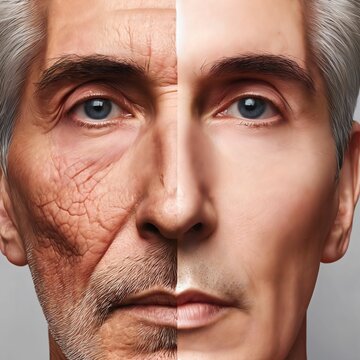 Senior face before and after skin treatment. Cosmetic procedure. Mature man. Age-related skin changes. Plastic surgery. Puffiness and wrinkles. Skin Lift Dermatology. Revitalization. Generative AI.