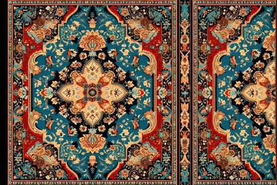a horizontal format of a Persian rug pattern in Ethnic-themed, photorealistic illustrations in JPG.  Generative ai