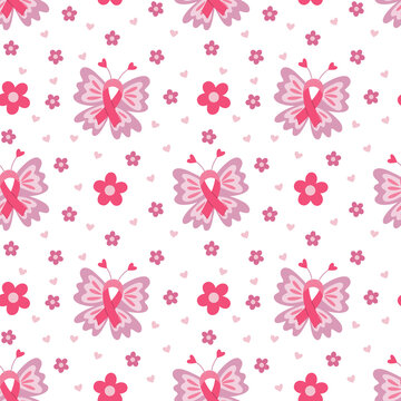 Breast Cancer Awareness Month Pink Ribbon Butterflies Seamless Pattern Design