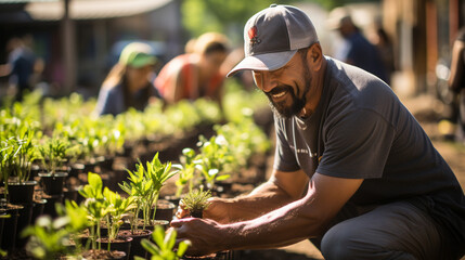 Planting a greener future: Volunteers gather in a community garden, tending to vibrant plants and flowers that enrich the neighborhood - obrazy, fototapety, plakaty