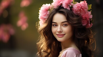 Fototapeta premium A young woman who is beautiful and has a pink flower on her head