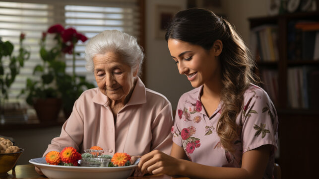 Supporting the elderly: A volunteer spends quality time with a senior citizen, engaging in conversation and companionship in a comfortable setting