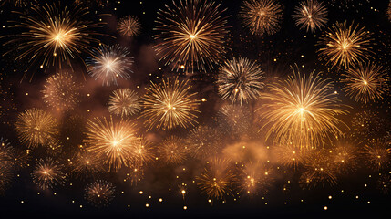 Celebration New Year's Eve, Silvester 2023 holiday background panorama greeting card - Golden firework fireworks pyrotechnics on dark night sky..