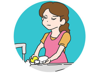 スポンジで皿洗いをする若い見た目の主婦のイラスト