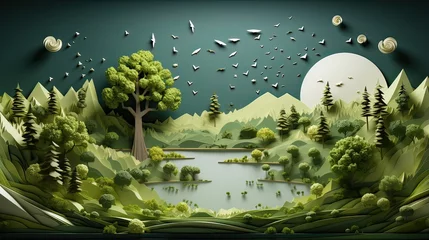  Fantasy landscape with lake, tall tree, moon and birds © Bilal