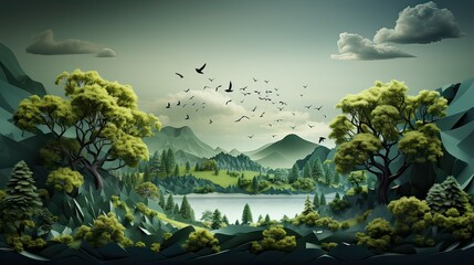 Greeny Fantasy landscape with beautiful lake, mountains, many trees and birds - obrazy, fototapety, plakaty