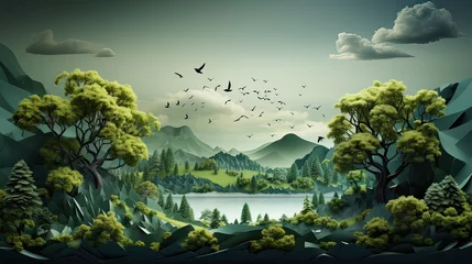 Cercles muraux Noir Greeny Fantasy landscape with beautiful lake, mountains, many trees and birds