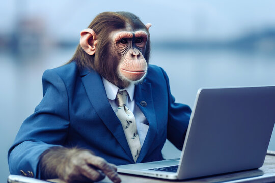 Monkey in a business suit with a laptop. Concept of successful education
