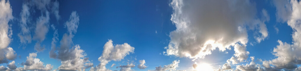 Panoramic 360 degrees aerial view of morning sky with clouds