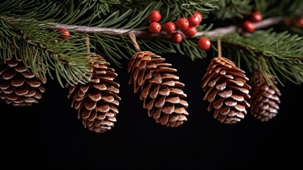 Close-up Image of Isolated Christmas Pine Branch with Cones for New Year Decoration