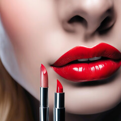 Obraz premium Dos pintalabios finos y parte de una cara maquillada de mujer en la que se ve nariz y boca con labios pintados de rojo.