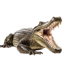 an American alligator (Alligator mississippiensis) with open mouth and full body 3/4 view in a Wildlife-themed, photorealistic illustration in a PNG format, cutout, and isolated.  Generative ai