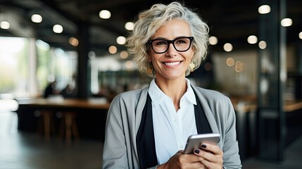 A company executive, a smiling businesswoman standing in the office, holding a cell phone in her hand. She is wearing a suit, giving off a professional appearance. - Powered by Adobe