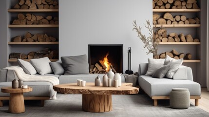 A cozy and welcoming living room with a fireplace. The fireplace is lit, creating a warm and inviting atmosphere. 