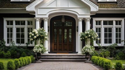 A large house with a wooden front door revealing a beautifully decorated porch with a set of steps leading up to it. The porch is adorned with potted plants.