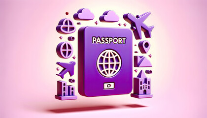 Illustration of a 3D purple passport set against a soft pastel backdrop. The passport, representing summer vacations and touring, is surrounded by faint icons of airplanes and maps, capturing the esse