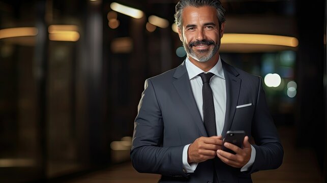 A middle-aged business executive man wearing a suit and tie is standing on a sidewalk, holding a cell phone in his hand.