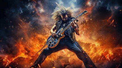 A man, with long hair and a beard, dressed in black clothing, playing a guitar. Standing in front of a fiery background adds intensity to the scene. Man is a rock musician, and heavy metal guitarist.