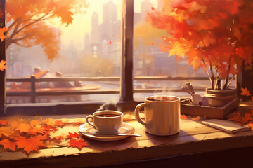 Two cups of coffee in the morning. Autumn vibe